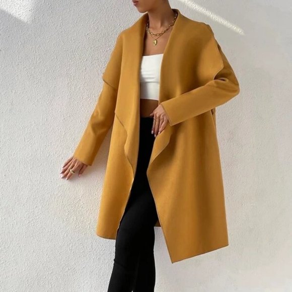 Belted Waterfall Collar Trench Overcoat Coat Jacket - Picture 3 of 6